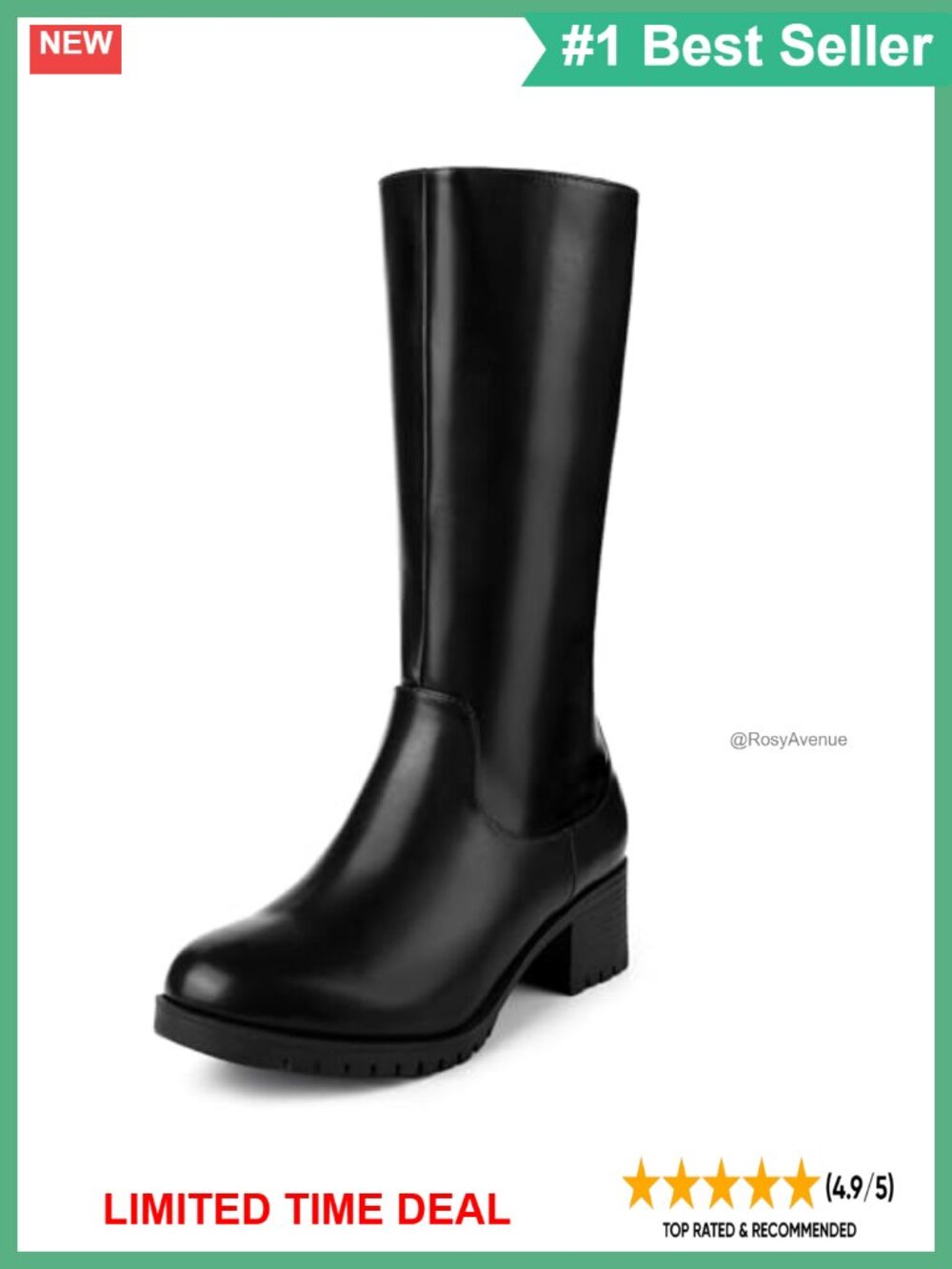 Faux Leather Mid Calf Combat Boots Chunky Heel Round Toe